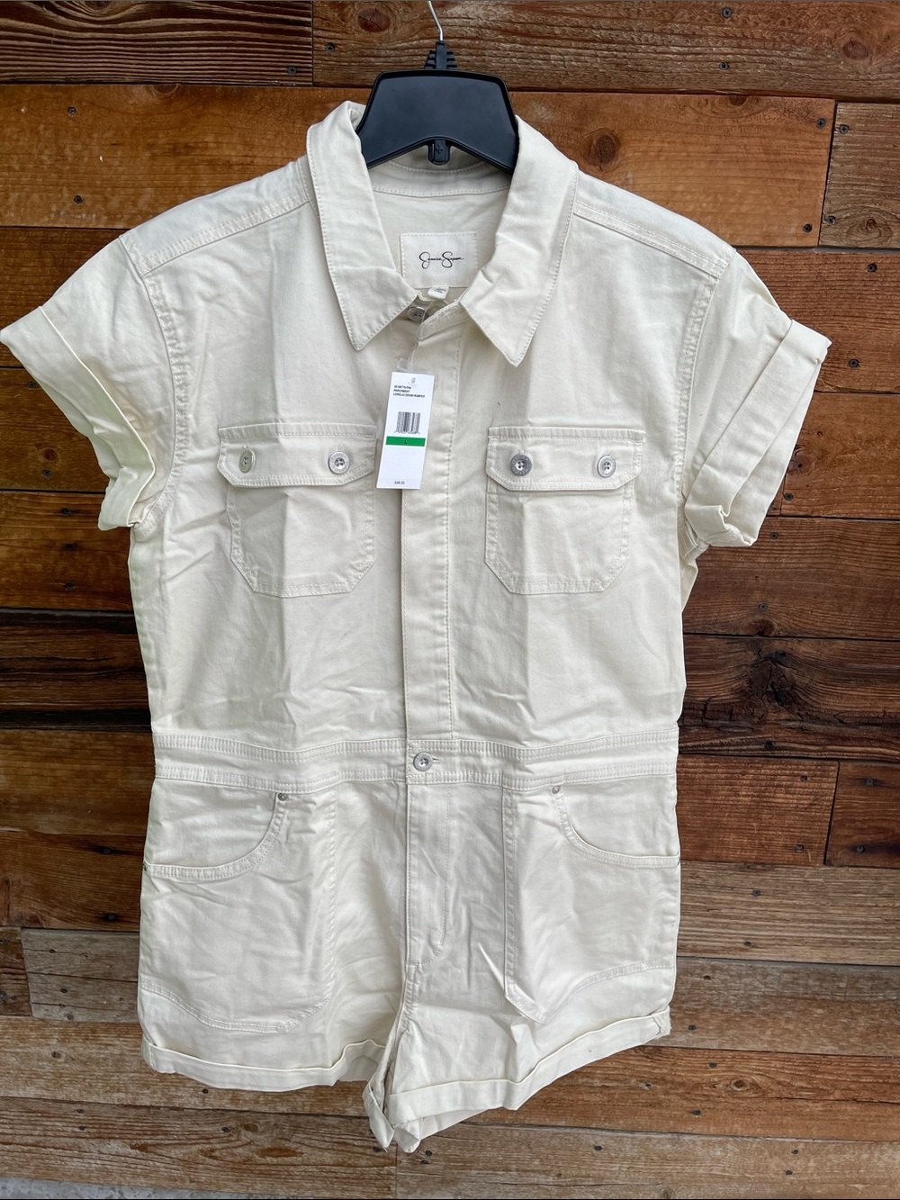 Jessica Simpson Lorelai Denim Romper Parchment Utility Shorts Romper NWT Size L
